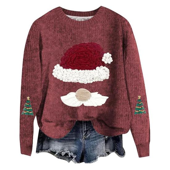 Women Sweatshirt 3D Santa Hat Printing Round Neck Loose Thick Pulliver Knitted New Year Winter Top Keep Warm Outdoor School Work Sweatshirt