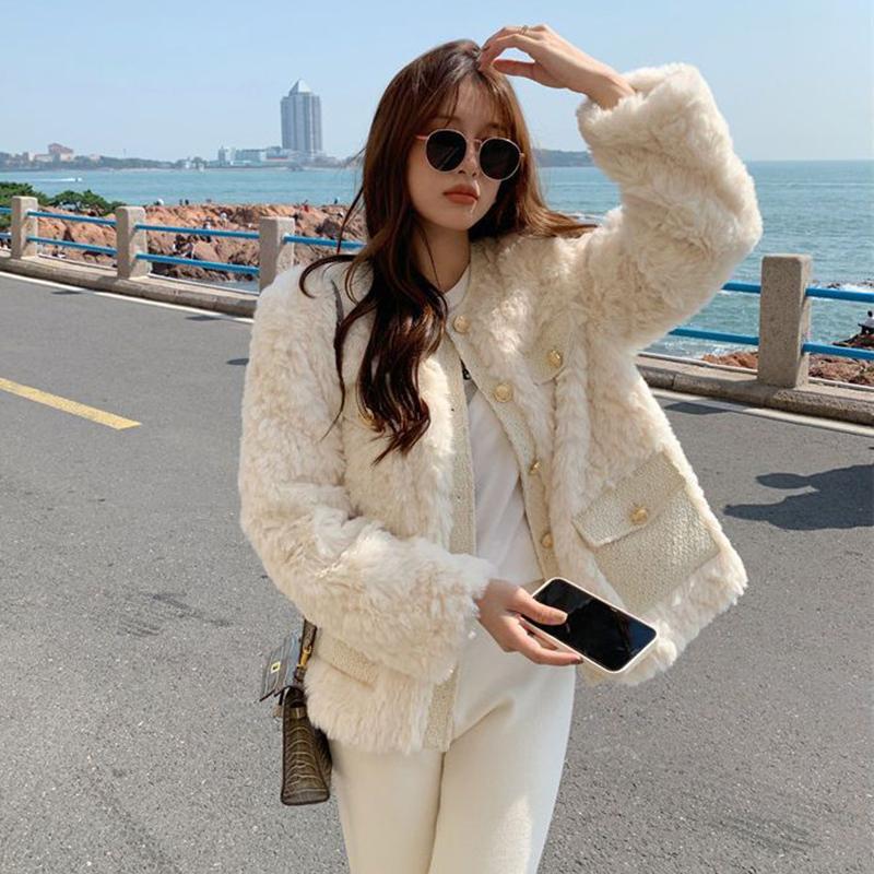 Korean Fashion Lamb Wool Coats Women Streetwear O-Neck Faux Fur Jackets Woman 2024 Autumn Winter Thick Warm Plush Coat