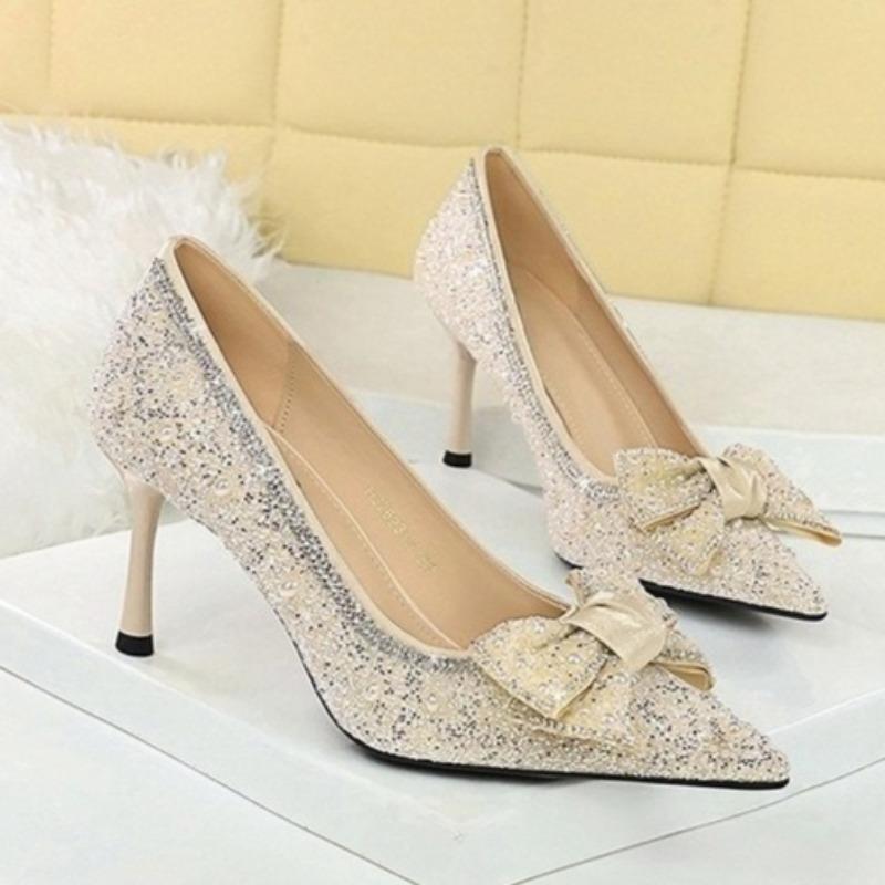 Luxury Bling Bow Wedding Party Women Pumps Elegant Pointed Toe Sparkling Glitter  Stilettos Dress Ladies High Heels Shoes