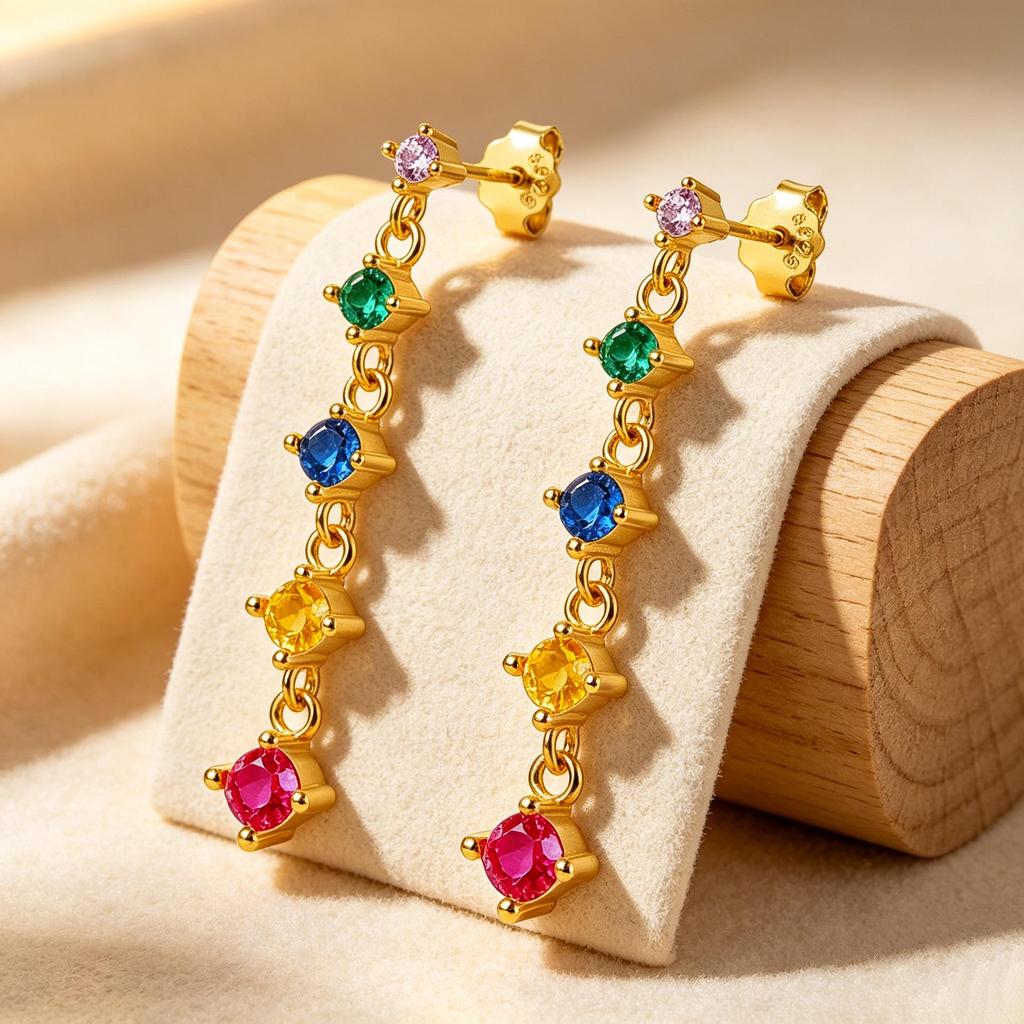 Colorful Geometric Zircon Tassel Earrings, S925 Sterling Silver Studs, Fashionable Elegant Jewelry for Women