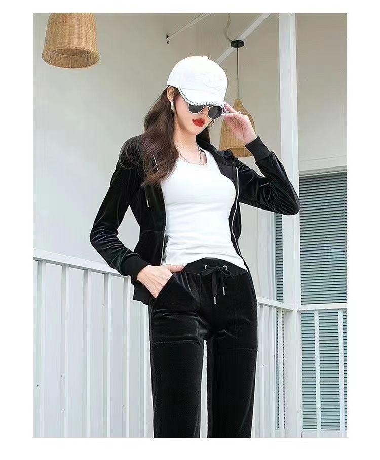 Women's Gold Velvet Tracksuit, 2025 Spring/Autumn Trendy Fashion Casual Hoodie Two-Piece Set