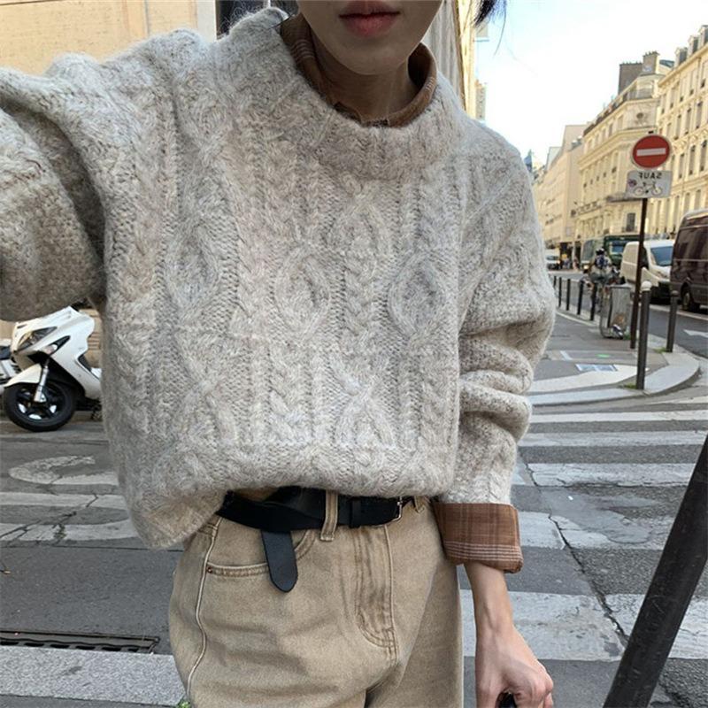 Ретро мягкая восковая толстая нить осень и зима новый свободный ленивый ветер круглый вырез пуловер коса теплая вязаная кофта One Size