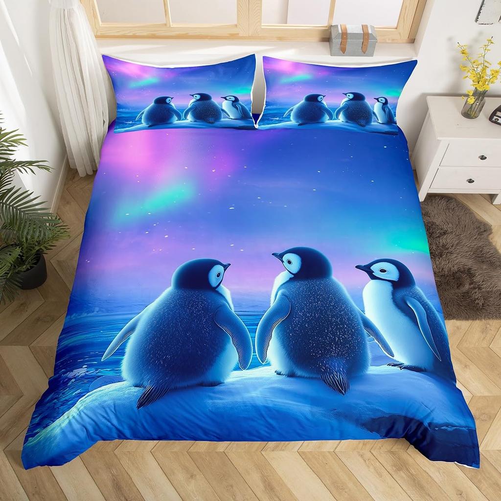 Penguin Bedding Set Galaxy Starry Sky Comforter Cover for Boys Girls Cartoon Penguin Duvet Cover Cute Antarctic Animal Bed Set