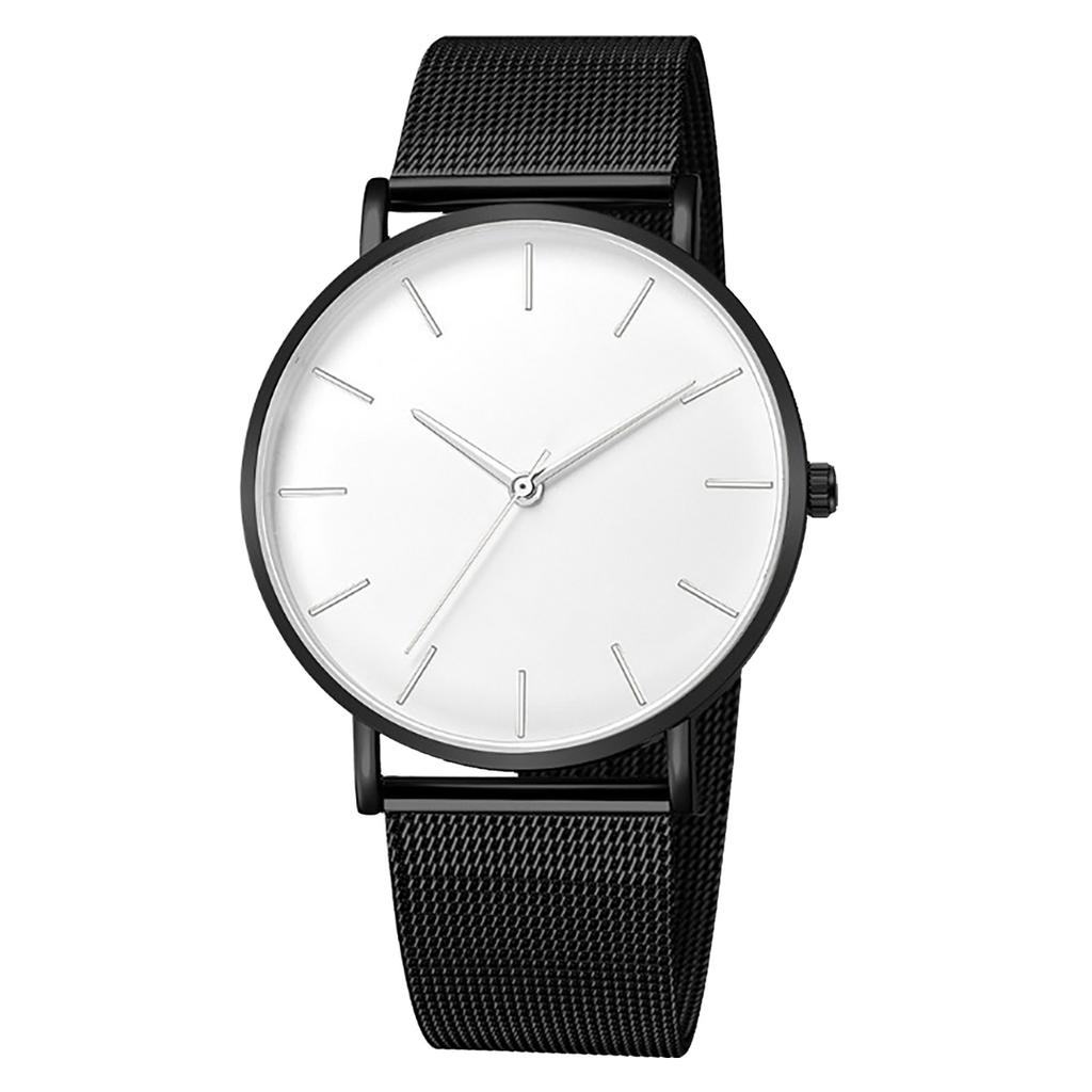 Trendy Minimalist Men’s Watch Modern Black Mesh Band Quartz Watch Chic Gold Accent Matte Black Face Slim Round Case Wristwatch