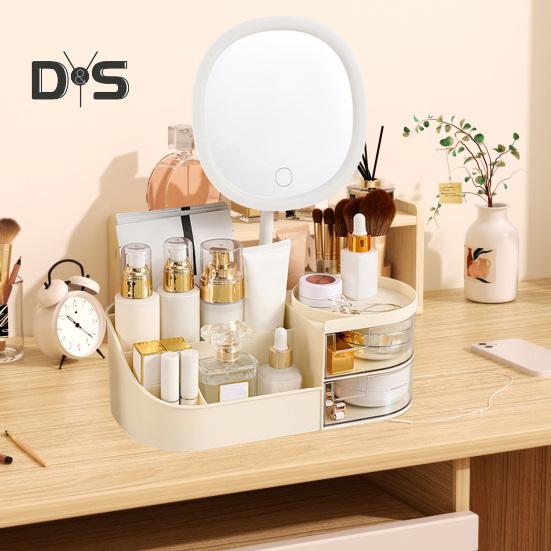 Boîte de rangement de maquillage avec miroir LED, grande capacité, compartiments multiples, boîte de rangement pour pinceaux de maquillage, organisateur de comptoir