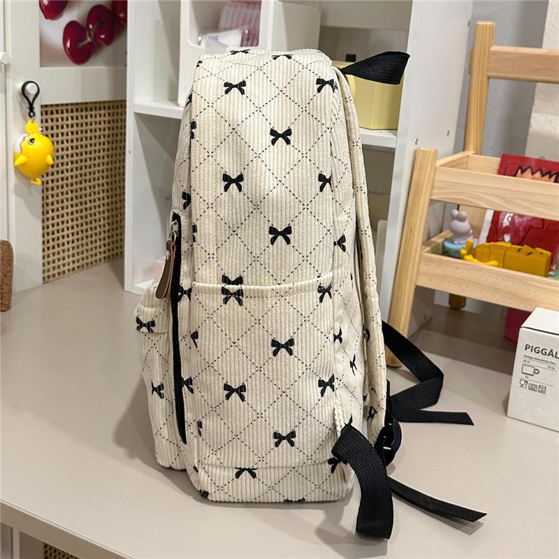 Cute Bow Print Corduroy Backpack for Women Casual Daypack Travel School Bag with Multi Pockets