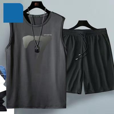 Herren Ice Silk Weste Schnelltrocknend Sommer Fitness Cross Bar Ärmellose Schulterweste Kurze Ärmel Sport Basketball Sweatshirt Anzug