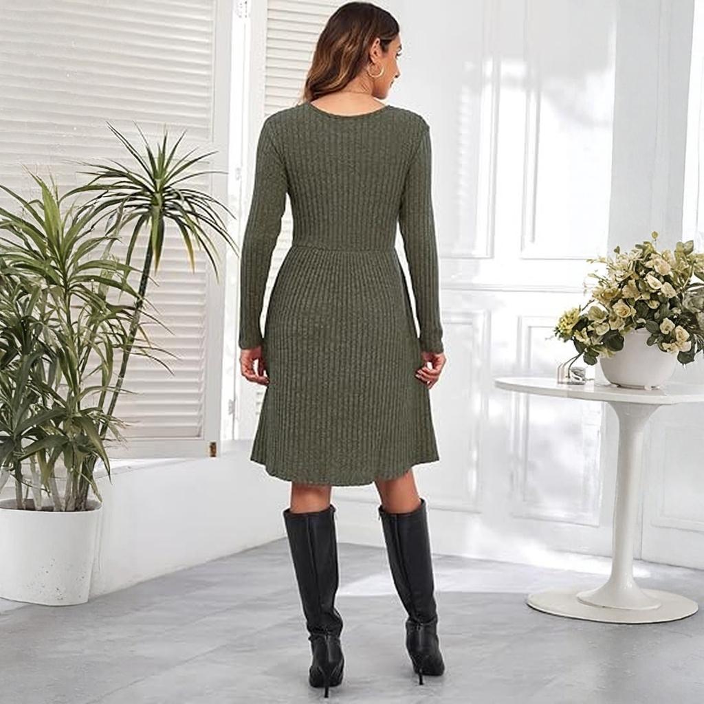 Vestido Casual Feminino de Manga Comprida Solto de Cor Sólida