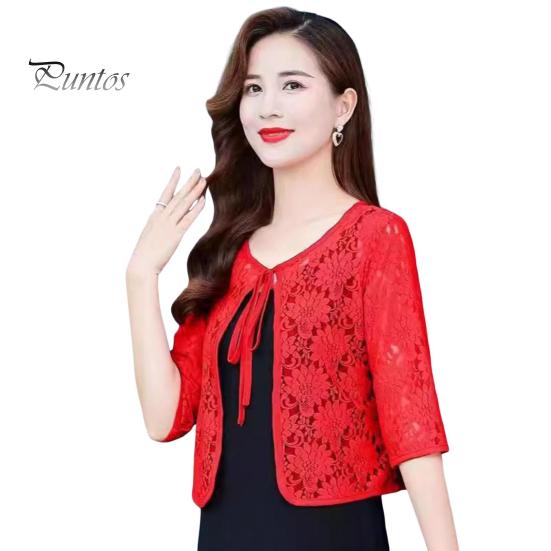 Women Fall Spring Coat Lace-up Floral Embroidery Solid Color Shawl Three Quarter Sleeves Loose Hollow Out Lace Round Neck Short Type Sun Protection