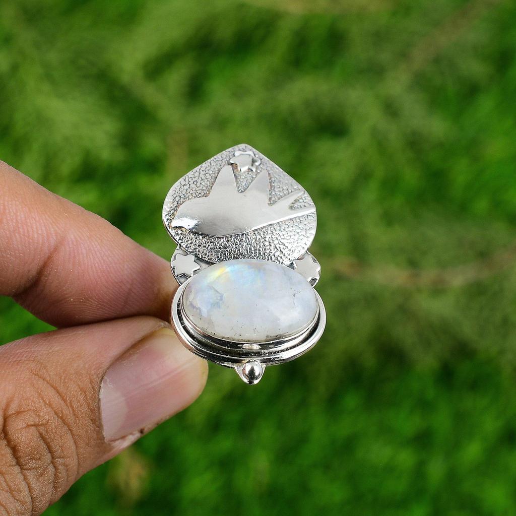 Natural Rainbow Moonstone Promise Bird Adjustable Ring 925 Silver For Women
