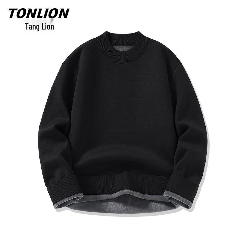 TonLion Men's Winter Half-High Collar Fleece-Lined Sweater