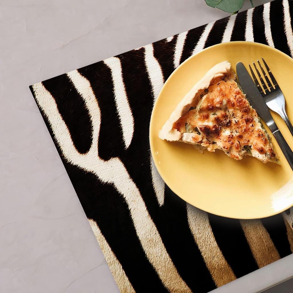 Batmerry Zebra Animal Black Placemats,Black and White Animaled Stripe Zebra Washable Linen Table Mats for Kitchen Table Double Insulation Decor