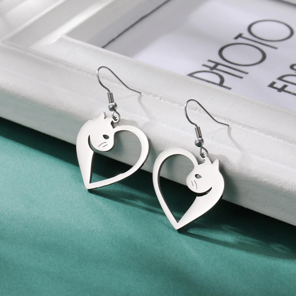 Cazador Cute Cat Kitten Heart Pendant Earrings Stainless Steel Gold Color Animal Drop Earrings for Women Jewelry Birthday Gift