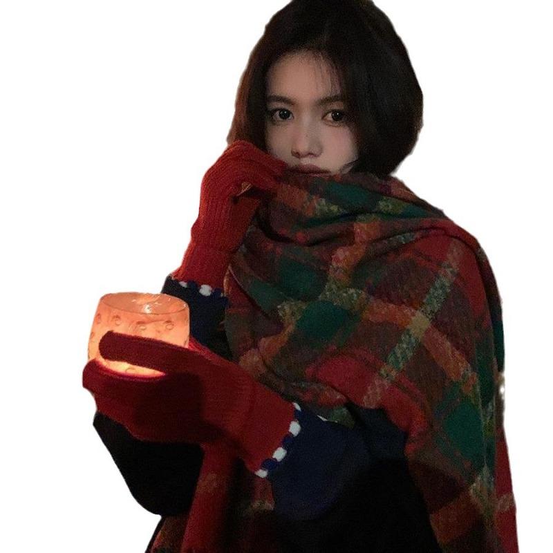 Congee cocoa, new red plaid scarf female high-grade new warm retro shawl scarf student