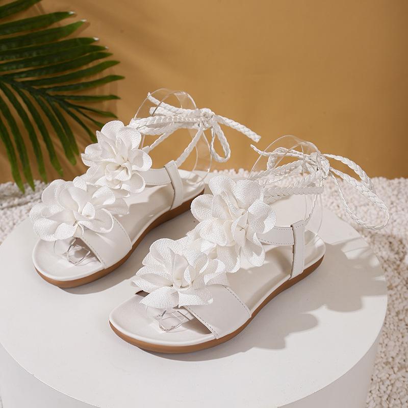 

2025 лето новые ремешковые плоские сандалии женские бохо-цветочные модные пляжные сандалии 43 белый