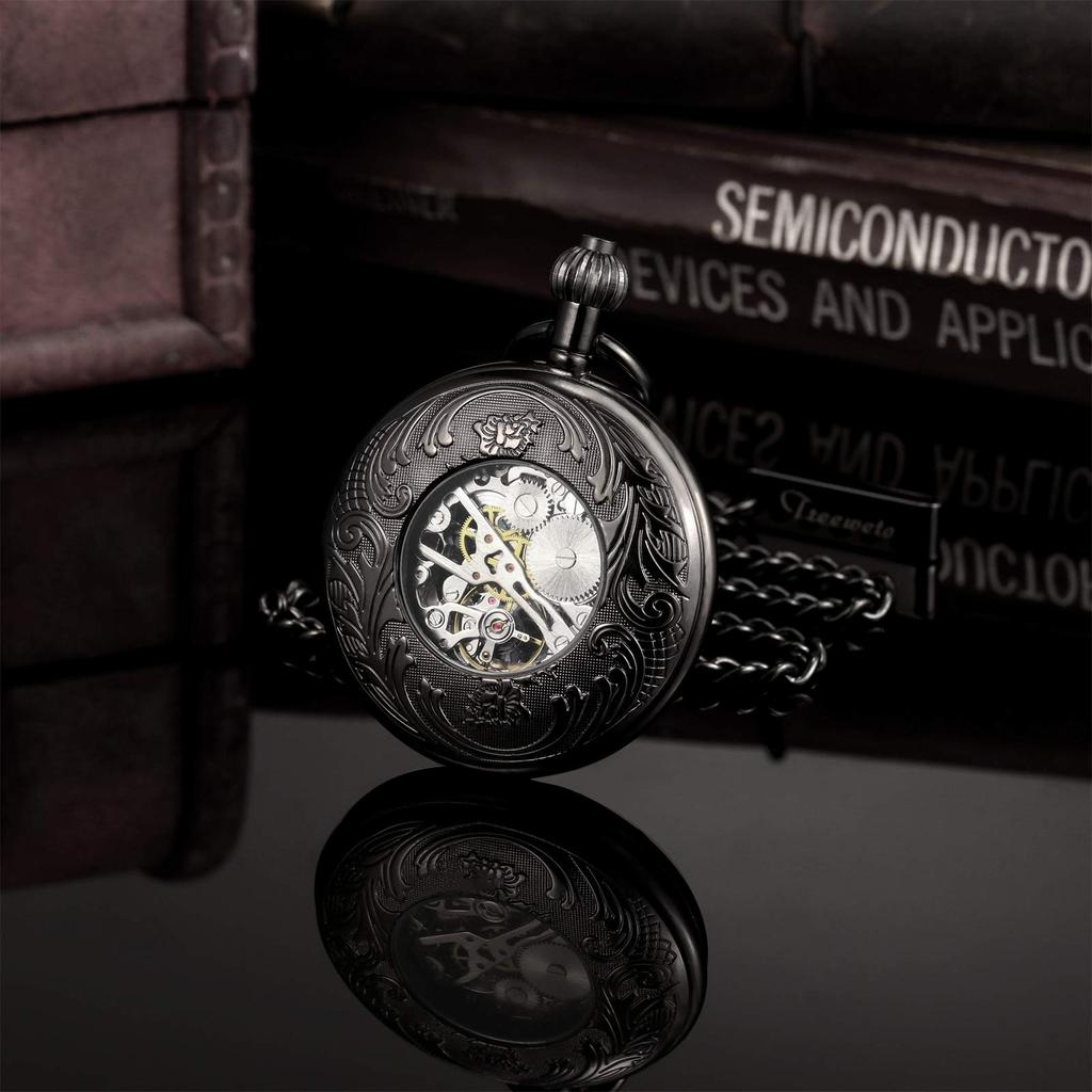 TREEWETO Klassische Mechanische Taschenuhr mit Römischen Ziffern und Anhänger, Schwarze Kette,