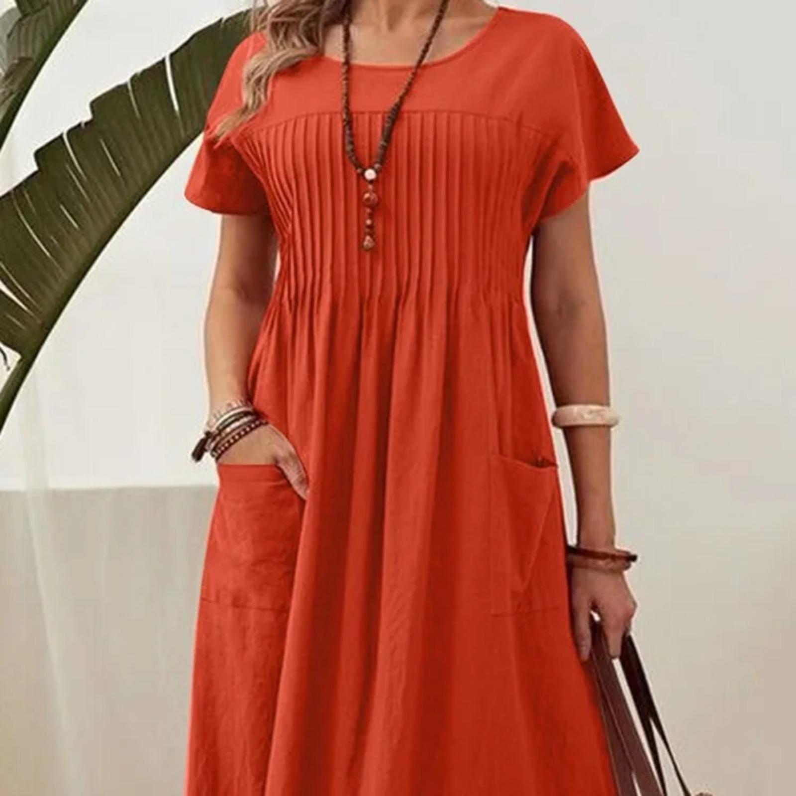

Women Elegant Solid Midi Dress Summer Short Sleeve O-Neck Vintage Harajuku Cotton Comfortable Loose Folds Sundress S