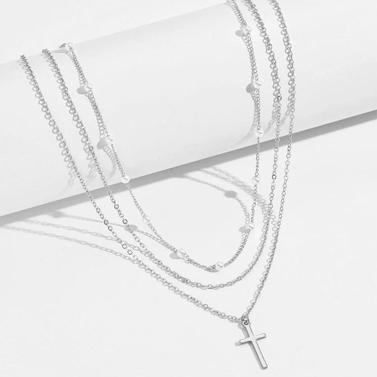 LATS Multilayer Pearl Cross Love Heart Pendant Necklaces for Women Gold Color Fashion Collarbone Neck Chain Trend Jewelry