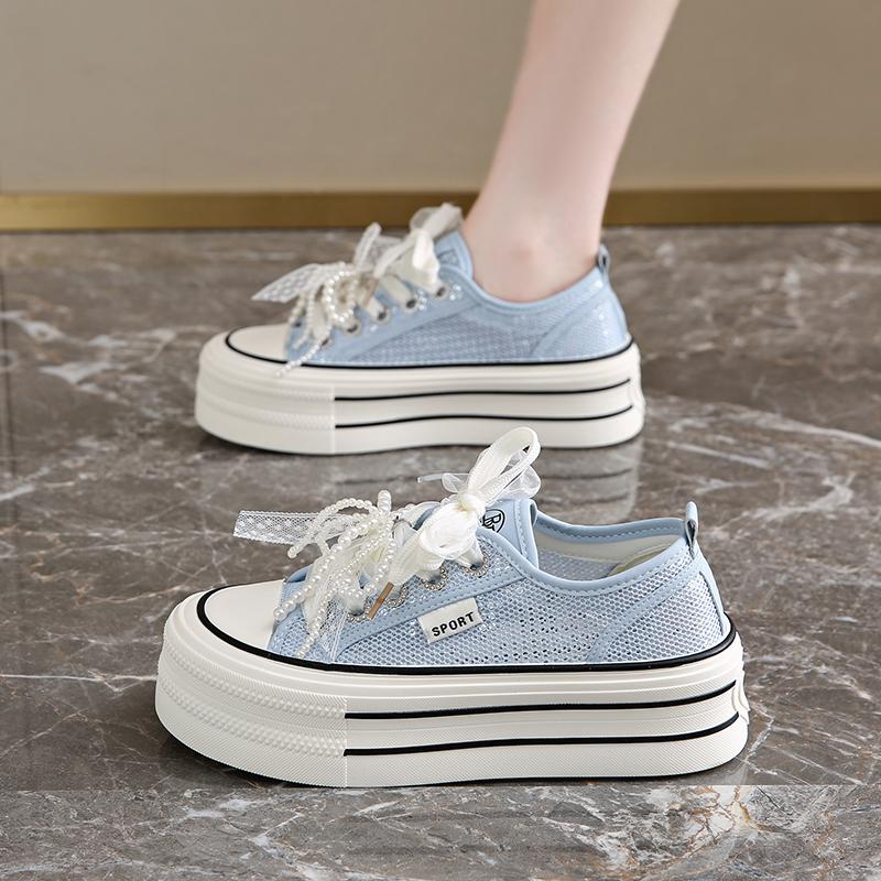 Fashion CRLAYDK Fashion Platform Mesh Shoes for Women Lace Pearl Casual Sneakers Ladies Lace Up Sports Walking Breathable Tennis
