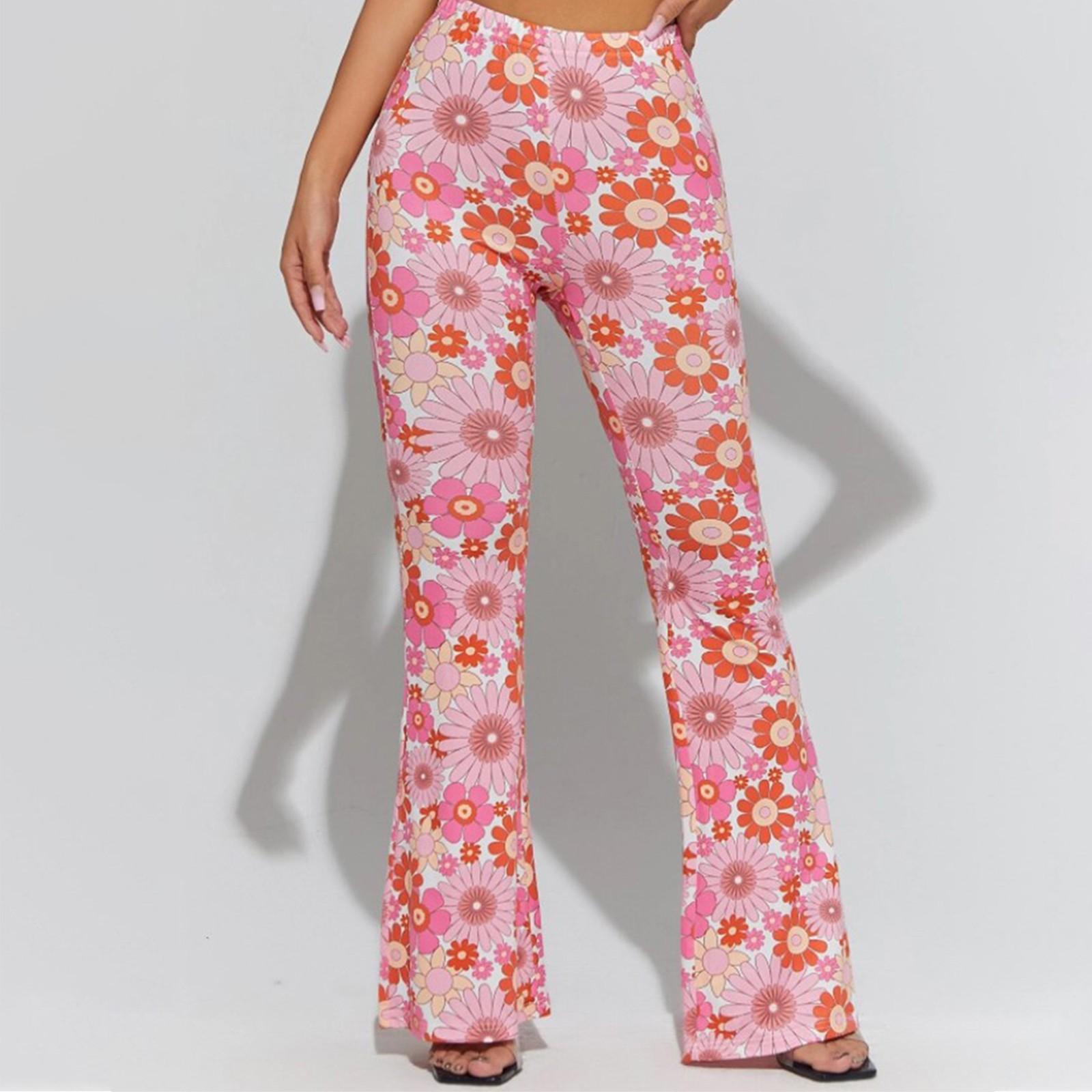 

Женские сексуальные расклешенные брюки с цветочным принтом, повседневные брюки, брюки со средней талией, брюки узкого кроя S розовый
