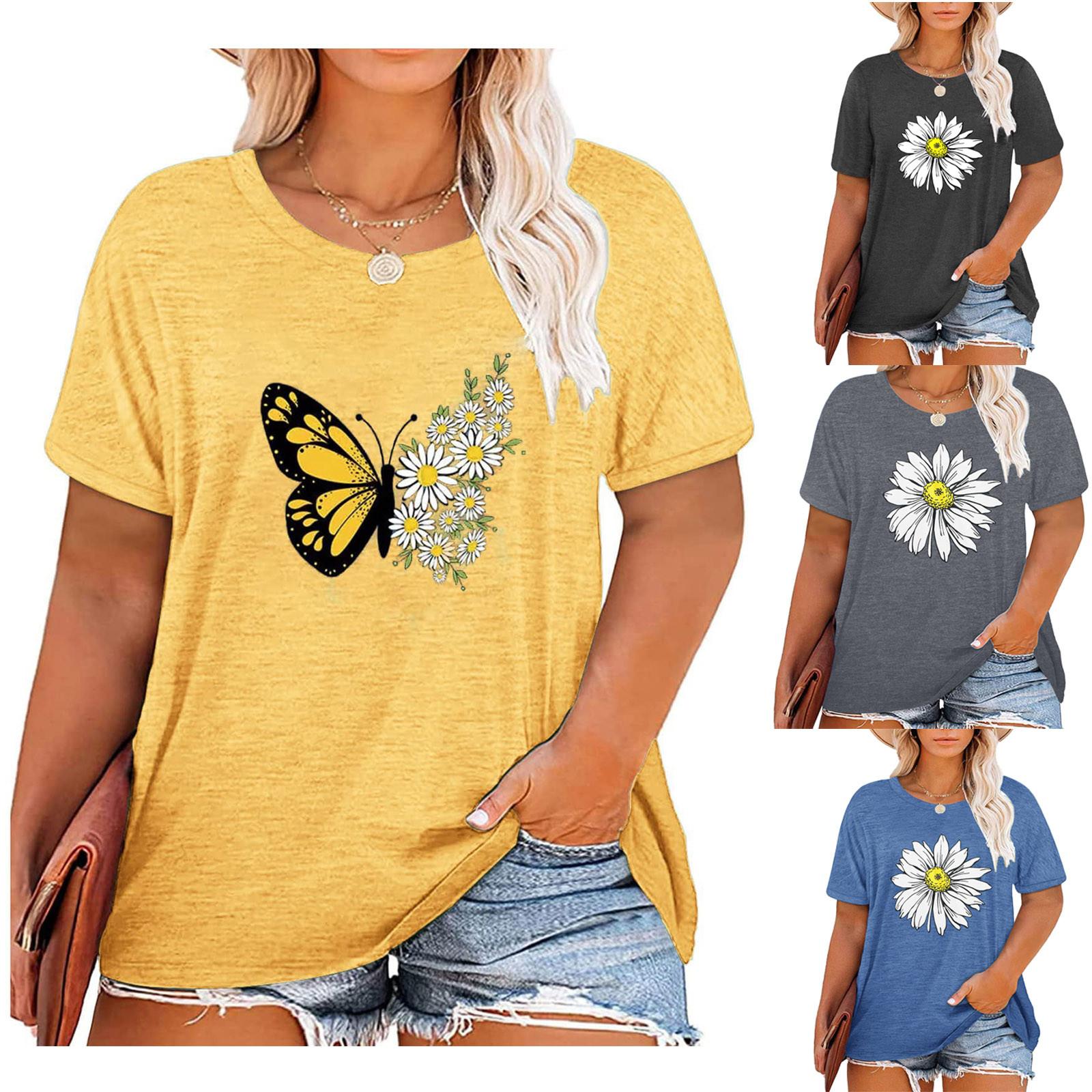 

Женская милая летняя свободная рубашка с короткими рукавами и круглым вырезом спереди, с короткими рукавами и принтом