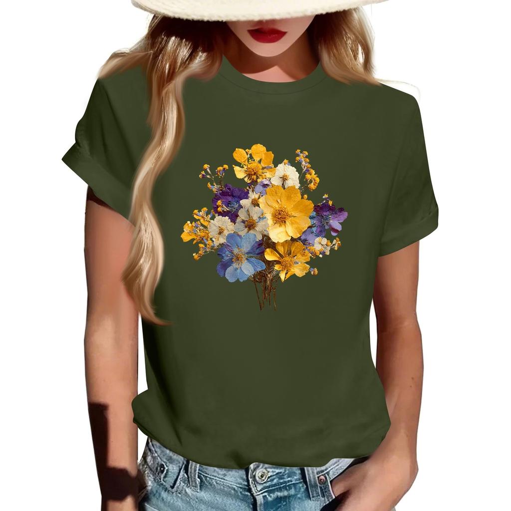 Women's Fashion Casual Printed Round Neck Short Sleeved Pullover T-Shirt Top