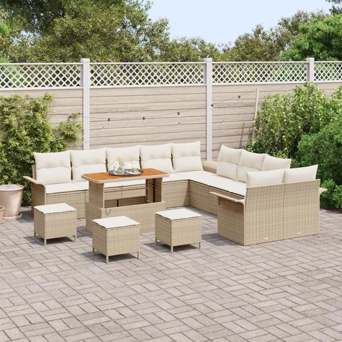 Canapés de Jardin 14 Pièces avec Coussins Beige Poly Rotin Acacia, Canapé de Jardin 2 Places avec Coussins Beige Poly Rotin, 3362201