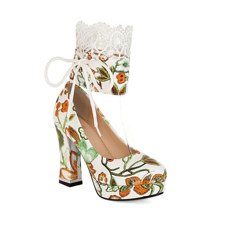 Fashion Printed Round Toe Chunky Heels High Heels Lace Up Retro Chunky Heels Women's Wedding Shoes Super High Heels Women's Shoes 2025