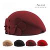 100% Pure Wool Beret for Women Elegant Floral Woolen Hat Vintage French Style Painter Cap Autumn Winter Warm Stewardess Hat Solid Color