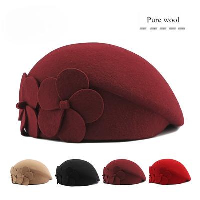 100% Pure Wool Beret for Women Elegant Floral Woolen Hat Vintage French Style Painter Cap Autumn Winter Warm Stewardess Hat Solid Color