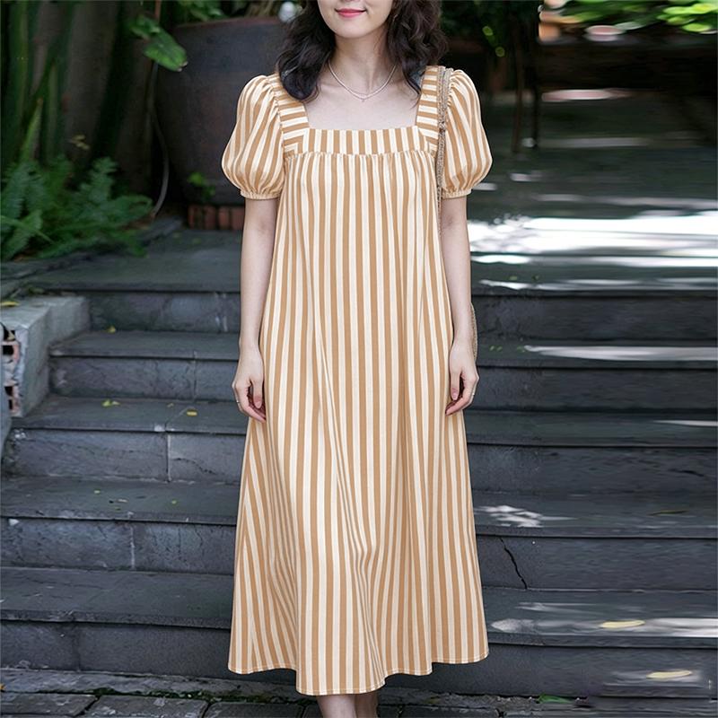 ZANZEA Women Casual Square Collar Loose Short Sleeve Stripe Dress M хаки