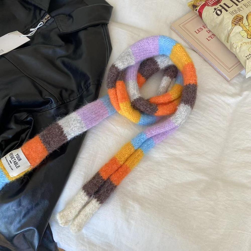 Y2K Sausage Thin Scarf With Warm Color Splicing Contrast Long Narrow Scarves Striped Scarf  Winter