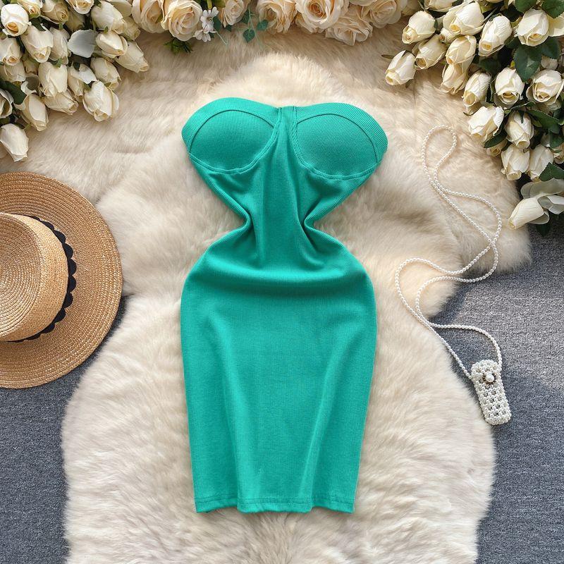 

Off-the-Shoulder Waist Fitted Figure Flattering Fairy Dress Socialite Dress Tube Top Cyan All yards