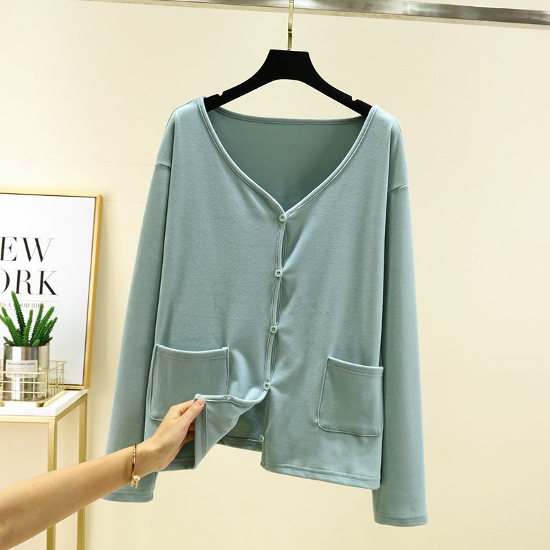 

Autumn and Winter Fleece-lined Long sleeve Cardigan Double-sided Sanding Button Pocket Shawl Plus size Loose plus Thick Velvet Warm Top Bean Green 2XL (60.00 kg-75.00 kg recommended