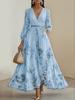 European, American and American printed v-neck long-sleeved fashion pleated dress