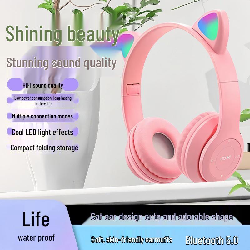 Bluetooth Katzenohren Drahtlose Stereo Gaming Kopfhörer P47M, Geringe Latenz, Sport-Stil