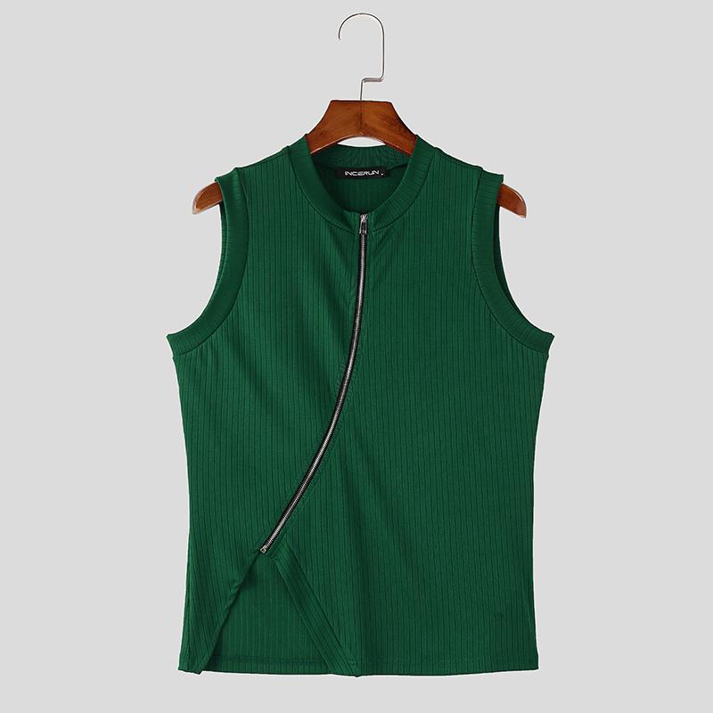 

INCERUN Summer Men Sleeveless Oblique Placket Zip-up Rib Slim Splits Tank Tops T-shirts 3XL зелёный