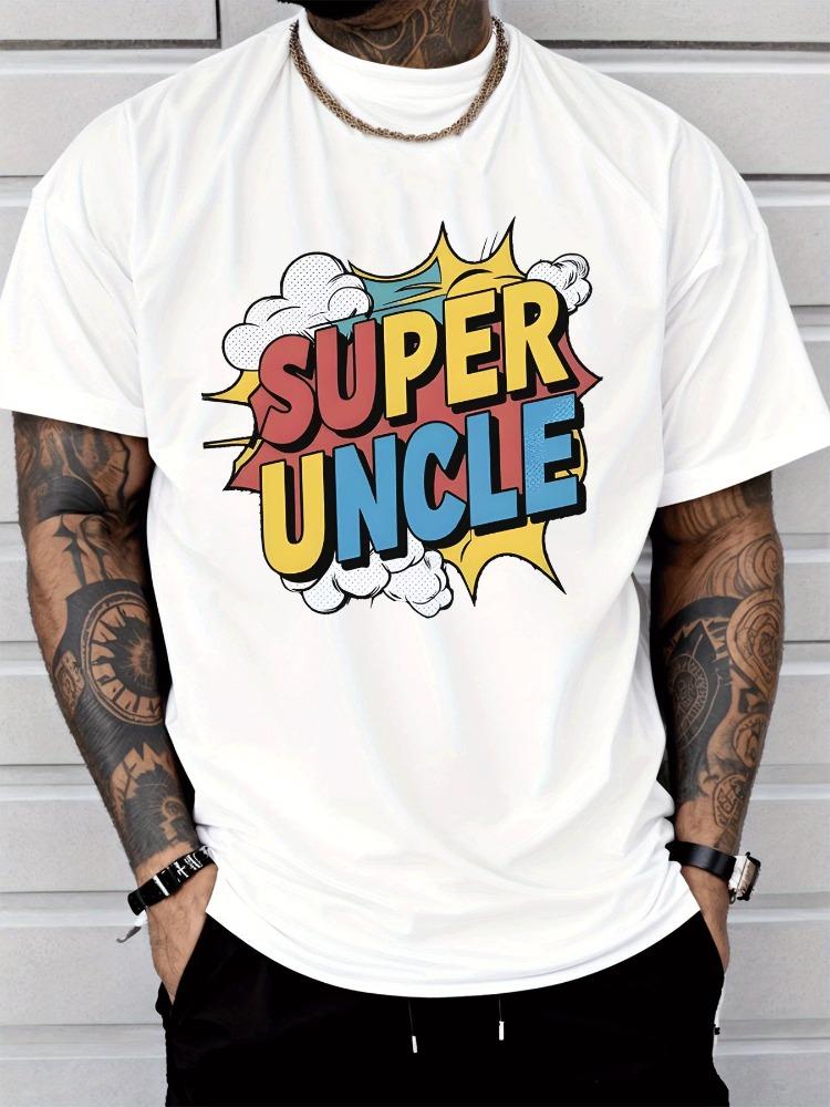 Unisex Summer White Short Sleeve Tee Pop Art Super Uncle Color Letter Graphic Crew Neck Loose Family Gift Male Casual Top