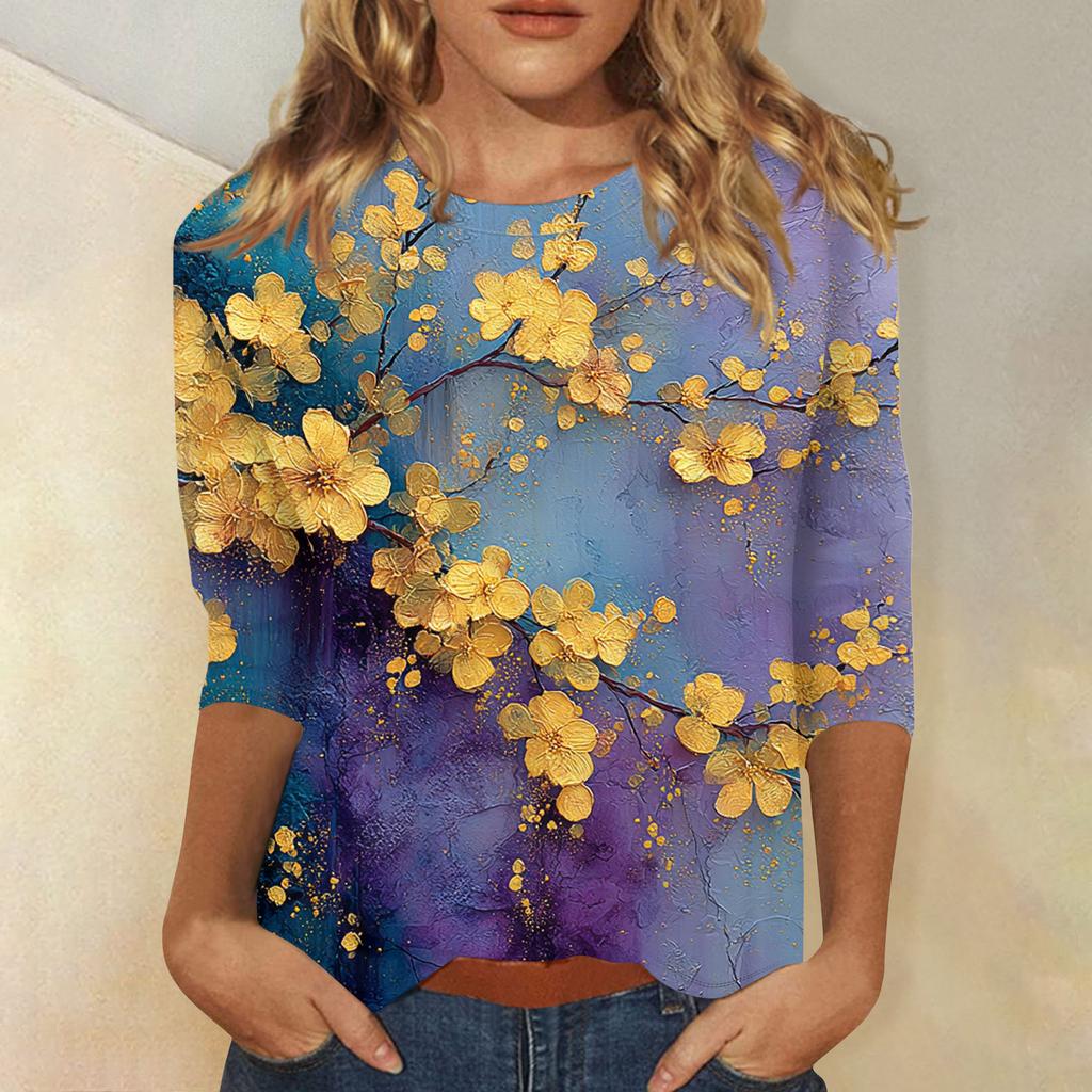 Women's Fashion Casual 3/4 Sleeve T,Shirt Printed Round Neck Pullover Top