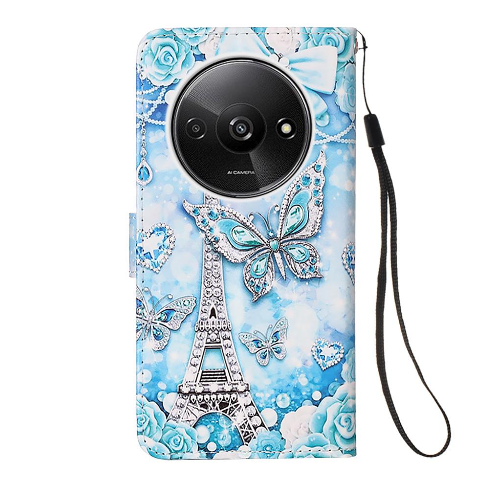 For Xiaomi Redmi A3/Poco C61 4G Leather Case with Strap and Card Holder Pattern Printing Phone Stand Cover