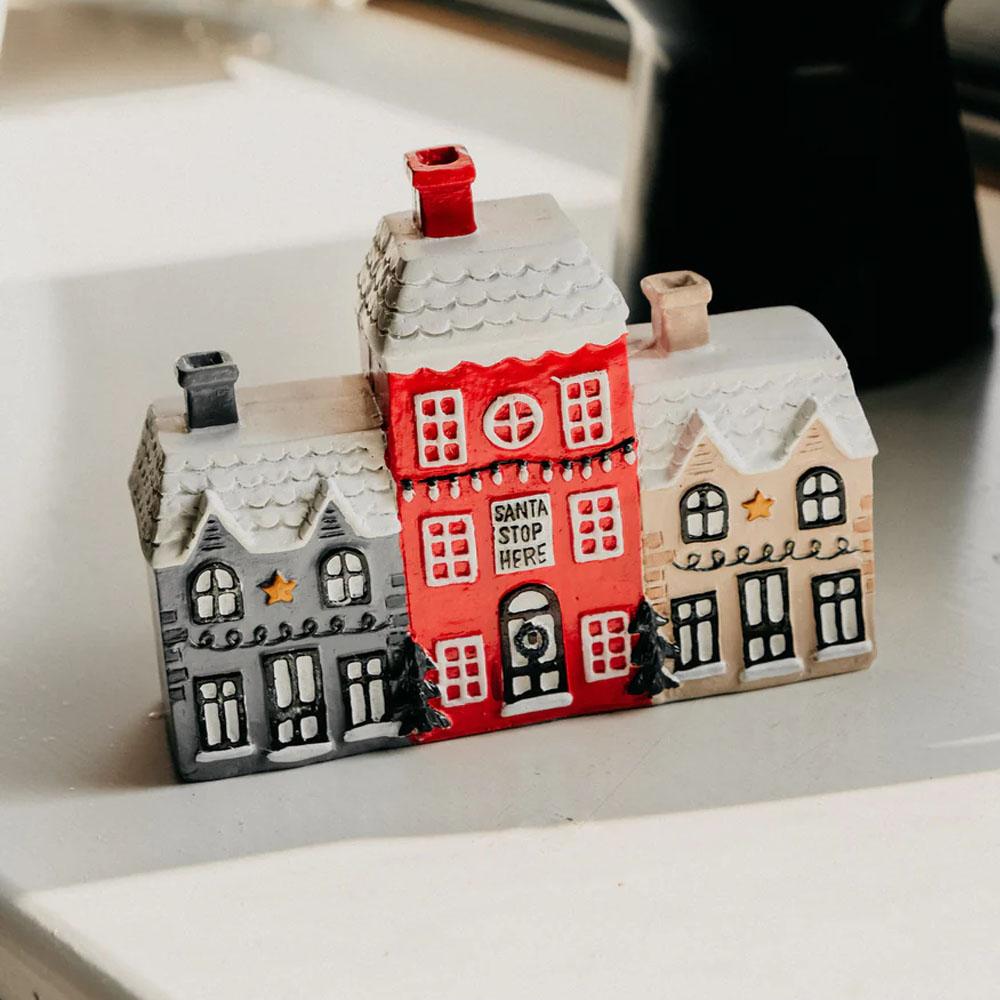 Log Cabin Incense Burner Resin Christmas Snowy Winter Incense Cone Burner with Xmas Tree Holiday Tabletop Chimney Decorations for Home Kitchen Office