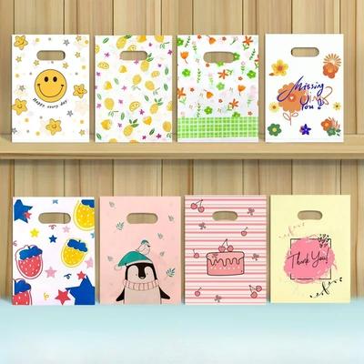 100piece Cartoon Printed Plastic Gift Bag Customized Handbag For Clothing Stores Flat Mouth Cosmetic Snack Storage Shopping Pock