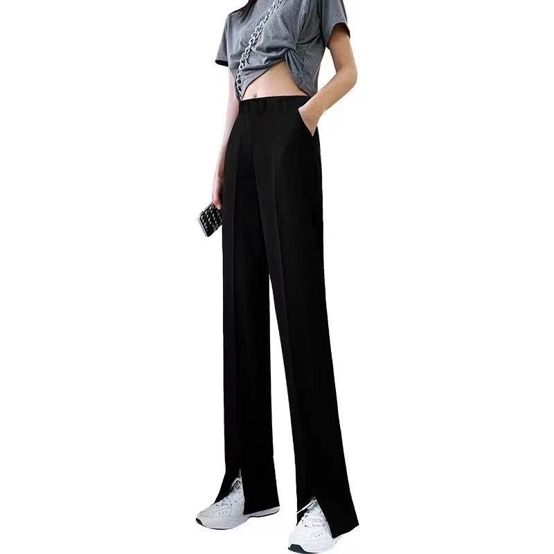 Women's Petite High-Waisted Black Micro-Flared Drape Slimming Split Trousers for Spring/Autumn
