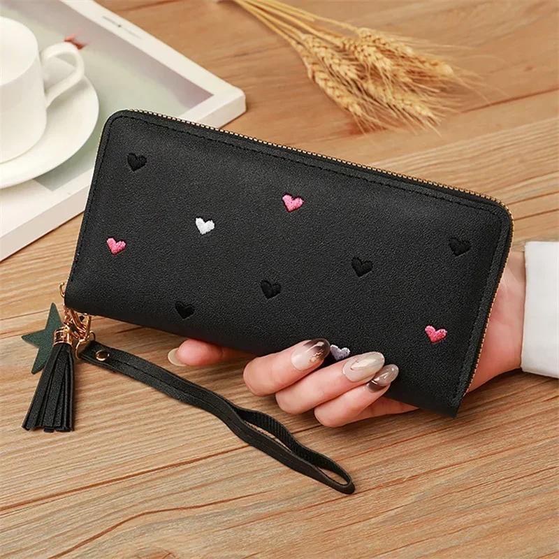 New Long Short Wallet Women's Fashion Credit Card Bag Purse Zipper Handbag Embroidered Heart Mobile Phone Money Coin Bag Case