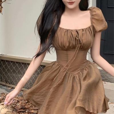 Elegant Summer Sexy Dress Women Streetwear Korean Fashion Brown Party Mini Dresses Puff Sleeve Square Collar Sundress