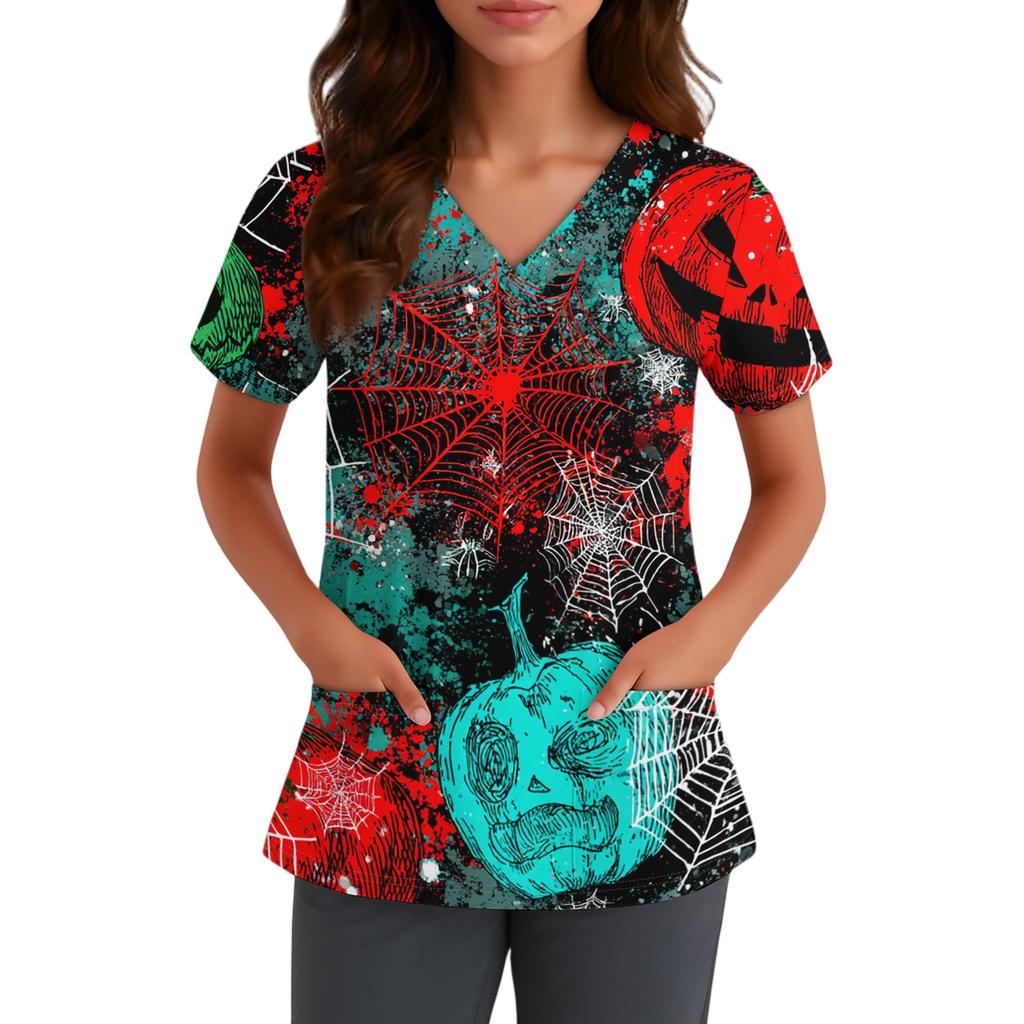 Haut d'uniforme médical à manches courtes et col en V pour femme avec poches Chapeau de sorcière d'Halloween et imprimé Uniforme de travail pour infirmière aide-soignante