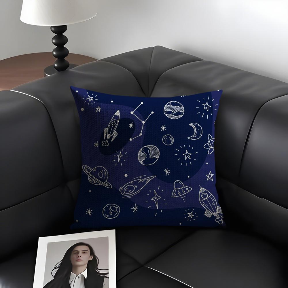 Cartoon Astronaut Raket Kussenhoes Natuurlijk Linnen Biologische Stof Dubbelzijdige Bedrukking Bank Woondecoratie Cadeau Kussensloop