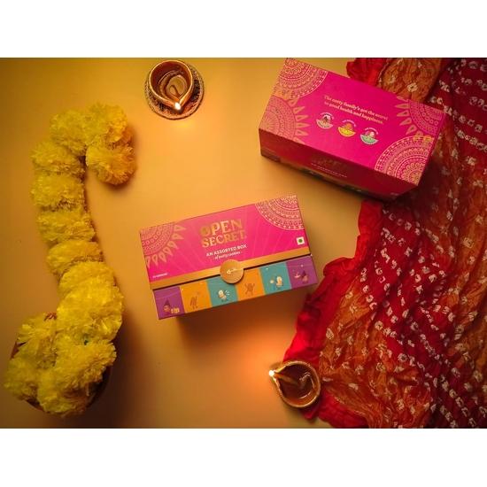 Open Secret Gift Hamper Item Snacks Combo Box | 3 Item Gift Combo - Assorted Cookies + Card + Decorative Lights | Healthy Unjunked Food