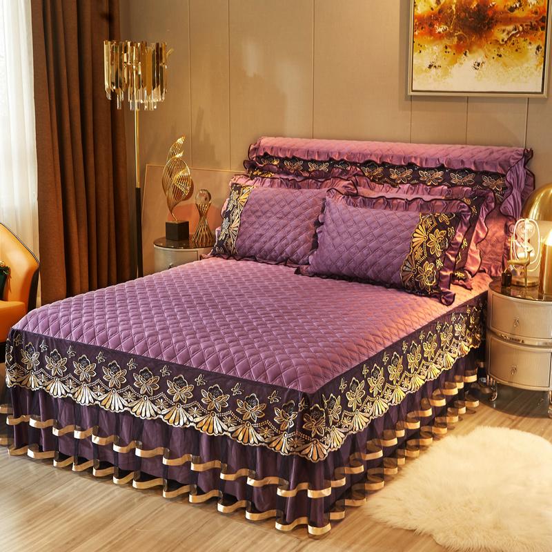 Europäische Luxus-Stickerei verdicken samt gesteppte Tagesdecke Single Queen King Spitze Bett Rock Bettdecke Bettlaken Kissenbezug #/