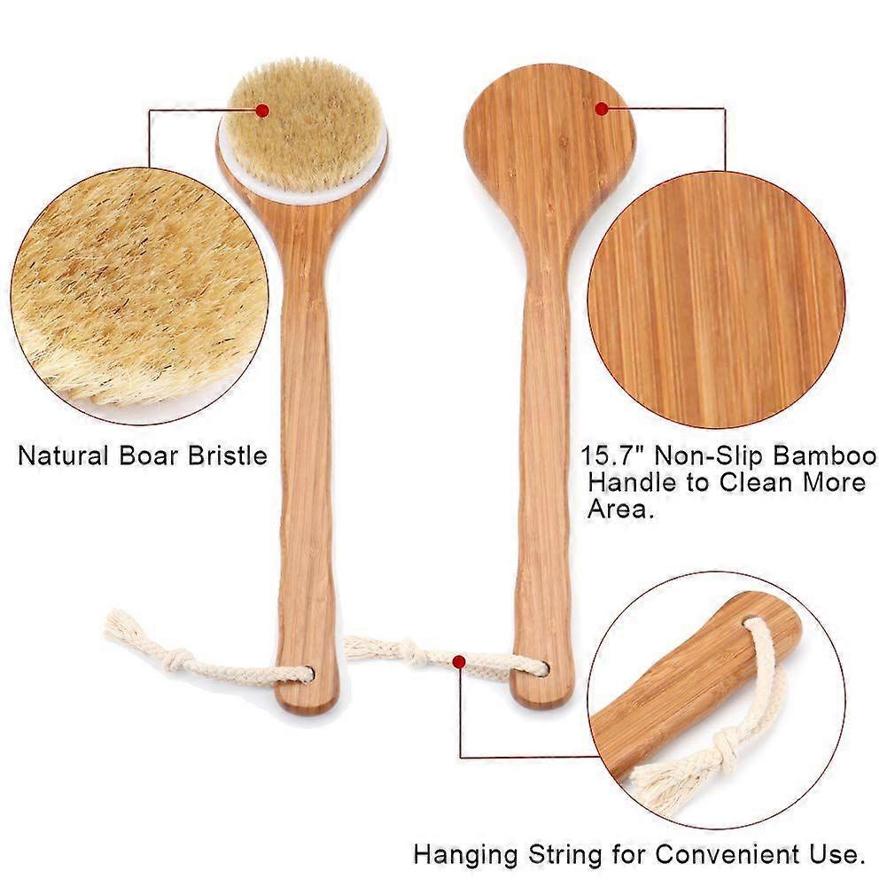 Natural Bristle Bath Brush - Long Bamboo Handle, Wet and Dry Use - Promotes Blood Circulation and Removes Dead Skin Cells, Available In Tan, Wood, and